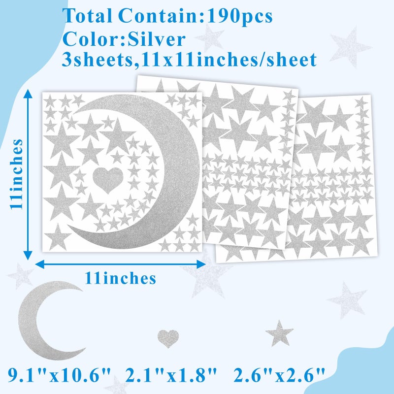 Easma Star Wall Decals (191stars+1moon+1heart) 3 Size Silver Stars and Moon Decals Removable Peel and Stick Stickers Fits Kids Room Decor - Image 4